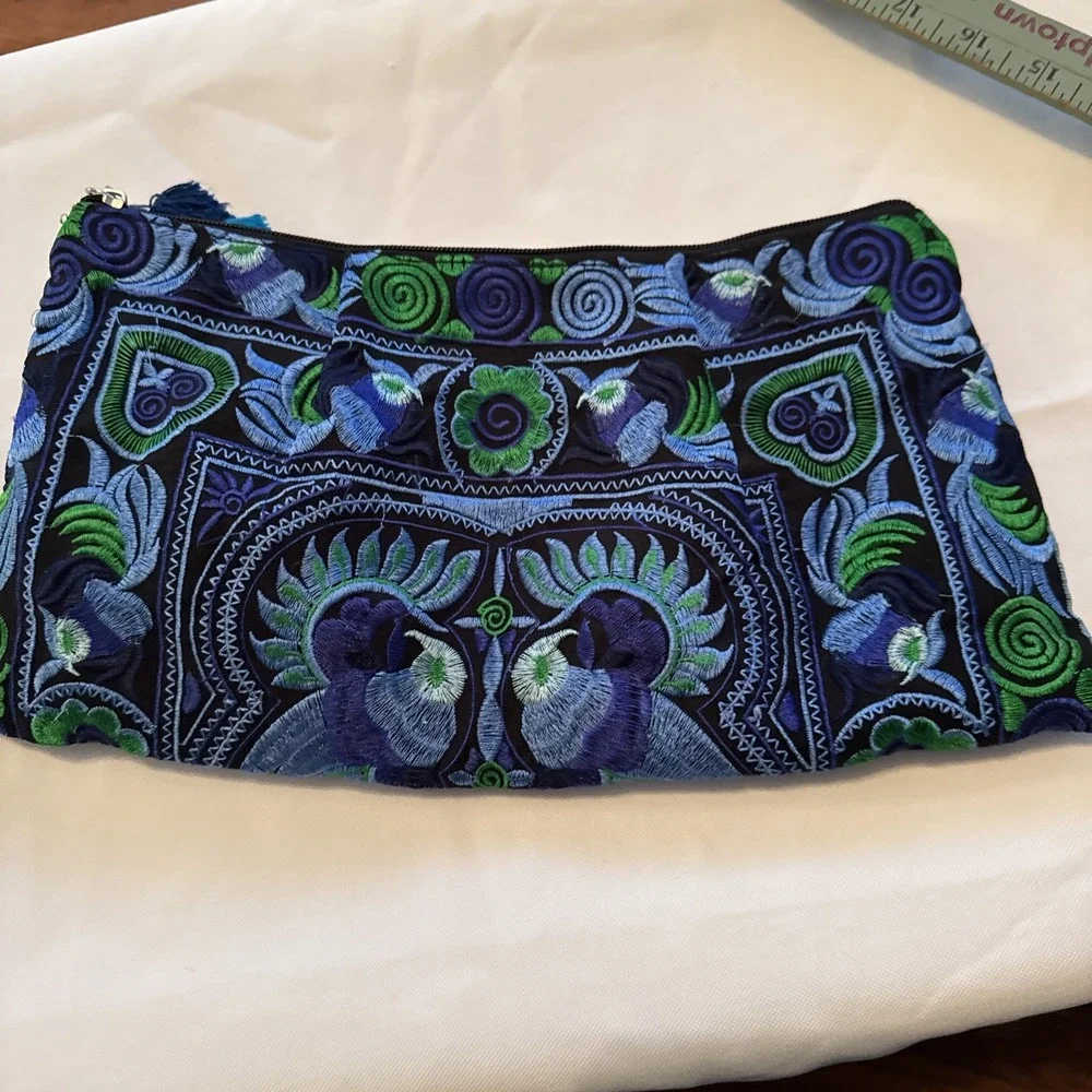 Embroidered‎ Clutch Wallet Beads Boho Tassel Blue Green Floral Festival